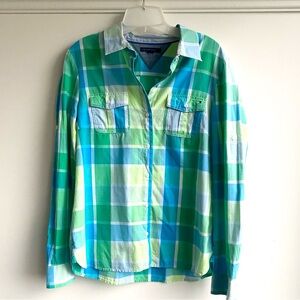 Tommy Hilfiger Blue and Green Checkered Shirt